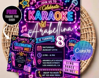 Karaoke Birthday Invitation – Neon Music Party Invite (Canva Template)