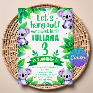 Koala Birthday Invitation | Editable Digital Download | Printable Eucalyptus Party Invite | Cute Australian Animal Theme | Instant Download