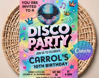 Convite de aniversário disco | Download digital editável | Convite para festa dançante dos anos 70 para impressão | Tema de bola de discoteca retrô | Download instantâneo