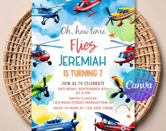 Airplane Birthday Invitation | Up Up and Away Theme (Editable Digital Printable Template)