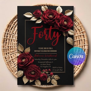 Rödbrun svart och guld blommig födelsedagsinbjudan | Elegant blomsterfestinbjudan | Redigerbar digital mall | Utskrivbar födelsedagsinbjudan