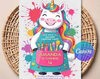 Invitación para fiesta de pintura de unicornios, fiesta de cumpleaños artística para niña, invitación de cumpleaños de unicornio con pintura arcoíris, plantilla digital imprimible