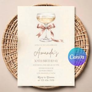 Puede incluir: Una tarjeta de invitación de cumpleaños color crema con una ilustración en acuarela de una copa de champán decorada con un lazo rosa empolvado. El texto dice: JOIN US TO CELEBRATE Amanda's 30TH BIRTHDAY SATURDAY, JANUARY 20 AT 7 PM AMANDA'S HOUSE 123 MAIN STREET, LOS ANGELES, CA 1234 RSVP to Dianna at 123 456 7890.