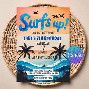 May include: A birthday invitation with a beach theme. The invitation features the words "Surfs up!" in blue and orange, with palm trees, waves, and a surfer silhouette. The text includes the birthday person's name, date, time, and location.