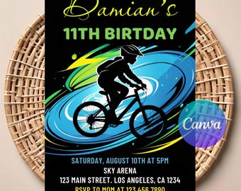 May include: Black birthday invitation featuring a cyclist silhouette on a mountain bike against a blue and green swirl background. The text reads "Damian's 11th Birthday" with event details including date, time, and location.