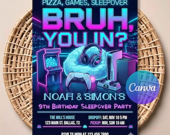 Invito di compleanno per pigiama party tra ragazzi - Invito digitale per serata tra ragazzi a tema videogiochi, modello Canva modificabile, download immediato