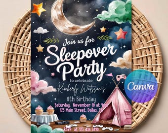 Sleepover Birthday Party Invitation | Editable Slumber Party Invite for Girls | Pajama Night Theme | Printable Template | Instant Download