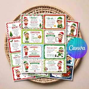 Puede incluir: Una colección de tarjetas de actividades rectangulares de elfos navideños con ilustraciones de elfos en trajes rojos y verdes. Cada tarjeta contiene texto impreso como Hello, Confession, Warning y North Pole Challenge, con bordes festivos y gráficos navideños.