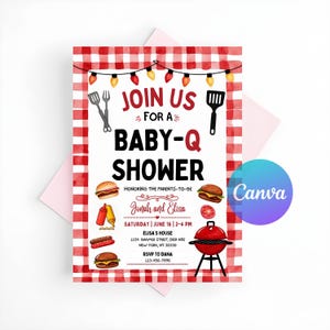 K&ouml;nnte beinhalten: Eine rechteckige Einladungskarte mit rot-wei&szlig; kariertem Rand, Lichterketten und Grill-Illustrationen wie einem Grill, Burgern und Gew&uuml;rzen. Der Text lautet: JOIN US FOR A BABY-Q SHOWER, Jonah and Elisa, Samstag, 16. Juni.