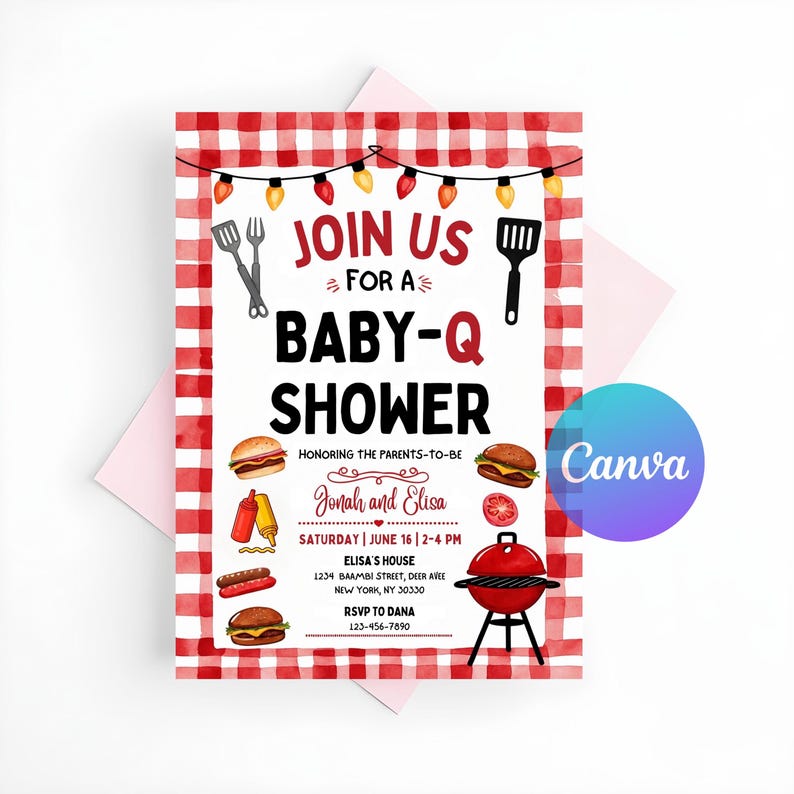 K&ouml;nnte beinhalten: Eine rechteckige Einladungskarte mit rot-wei&szlig; kariertem Rand, Lichterketten und Grill-Illustrationen wie einem Grill, Burgern und Gew&uuml;rzen. Der Text lautet: JOIN US FOR A BABY-Q SHOWER, Jonah and Elisa, Samstag, 16. Juni.