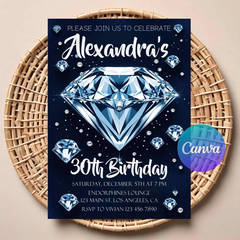 May include: A navy blue birthday invitation with a large diamond illustration and the text "Alexandra's 30th Birthday." Additional text includes event details and RSVP information. The Canva logo is visible.