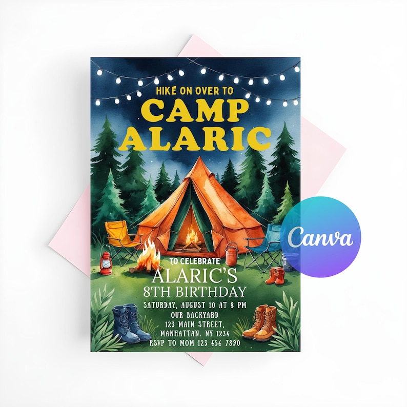 May include: A watercolor-style invitation for a camping-themed birthday party. The design features an orange tent, a campfire, and the text "Camp Alaric." Additional text includes party details: date, time, location, and RSVP information.