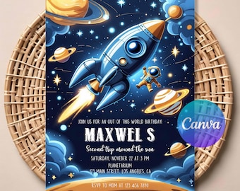 Verjaardagsuitnodiging in het heelal | Bewerkbare Galaxy-feestuitnodiging | Thema astronaut-raket | Digitale download | Afdrukbare kinderverjaardag