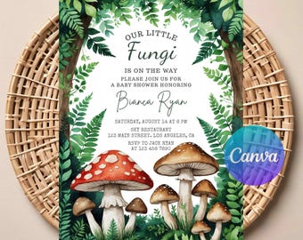 Pilz-Babyparty-Einladung | Bearbeitbarer digitaler Download | "Waldparty-Einladung ""Unsere kleinen Pilze"" | Druckbare Boho Wald Vorlage