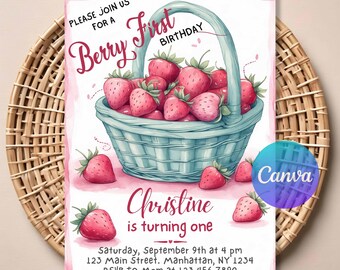 Berry First Birthday Invitation | Editable Strawberry Theme Girl Party Invite | Sweet One Design | Printable Template | Instant Download