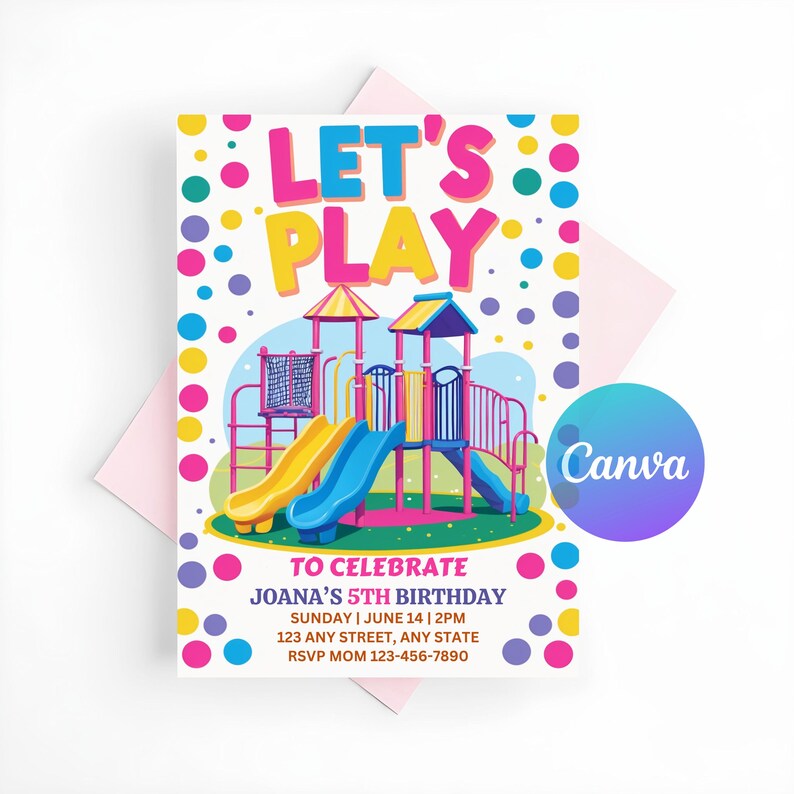 May include: A colorful invitation with a playground illustration and the text "Let's Play" to celebrate a 5th birthday. The invitation includes the date, time, and RSVP information.