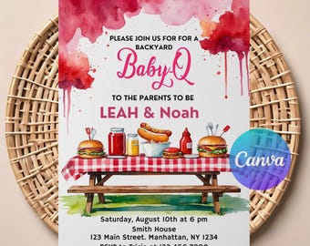 Uitnodiging babyshower BBQ | Baby Q bewerkbare coed-uitnodigingssjabloon | Rustiek picknickthema | Directe download afdrukbaar digitaal ontwerp