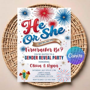 May include: A gender reveal party invitation with red, white, and blue fireworks and the text "He or She, Firecracker Be?". The invitation is on a white background and includes details for the event, honoring Olivia & Ryan.
