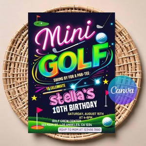 May include: A bright invitation for a mini golf-themed 10th birthday party. The design features the words "Mini Golf" in vivid colours, golf balls, and course elements. The invitation includes the date, time, and location.