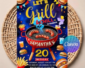 May include: A birthday party invitation with a barbecue theme. The invitation features the text "Let's Grill & Chill" and "Samantha's 20th Birthday". The design includes illustrations of burgers, fries, and a red grill with sausages.