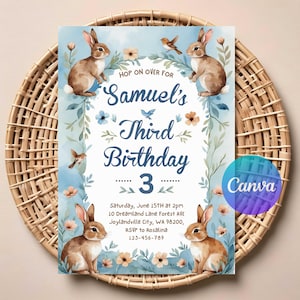 Editable Bunny Birthday Invitation, Rabbit Theme Invitation, Animal Birthday Invitation, Bunny Rabbit Kids Birthday Invitation, Printable.