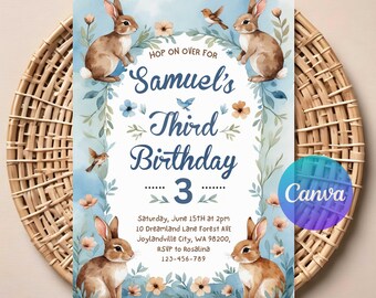 Editable Bunny Birthday Invitation, Rabbit Theme Invitation, Animal Birthday Invitation, Bunny Rabbit Kids Birthday Invitation, Printable.