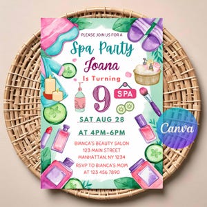 Invito di compleanno per festa in spa per bambine / Download digitale modificabile / Invito stampabile per festa di coccole / Tema giornata in spa glamour per bambini