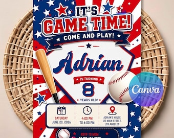 Baseball Birthday Invitation - Patriotic 4th of July American Flag Party, Red White Blue Editable Canva Template, Instant Download.