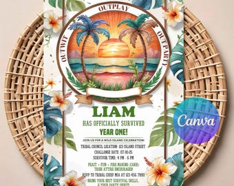 Survivor First Birthday Invitation | Editable Digital Download | “Survived Year One” Jungle Adventure Invite | Printable Template