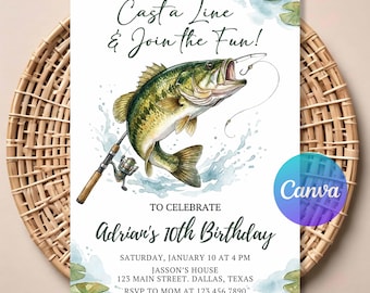 Editable Fishing Birthday Invitation Template, Reel in the Fun Fishing Invite, Fish Birthday Party Boy Invitation, Digital Download.