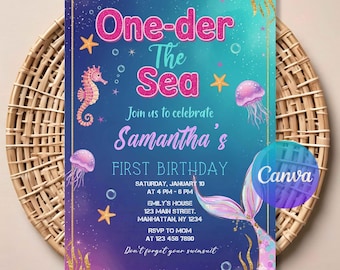 ONE-der the Sea Birthday Invitation, Mermaid First Birthday Invite, Under the Sea 1st Birthday Girl Party Digital Editable Mermaid Template.