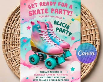 Editable Roller Skating Birthday Invitation, Retro Neon Girl Skate Party Template (Canva)