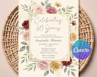 Wildflower Birthday Invitation 60th 70th 80th | Floral Adult Birthday Party Invite | Editable Printable Digital Invitation.