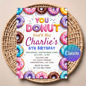 Faire-part d'anniversaire donut pour enfants | Téléchargement numérique modifiable | Invitation imprimable de partie de beignet | Carte à thème Sweet Celebration