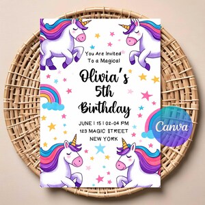 Editable Unicorn Purple Girl’s Birthday Party Digital Invitation Template, Magical Purple Rainbow Unicorn Birthday Party Girl, Unicorn Theme
