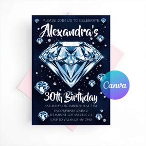 May include: A navy blue birthday invitation with a large diamond illustration and the text "Alexandra's 30th Birthday." Additional text includes event details and RSVP information. The Canva logo is visible.