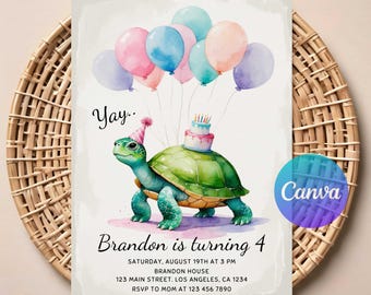 May include: A watercolor birthday invitation featuring a green turtle wearing a party hat and carrying a cake, with pastel balloons. The text reads "Yay... Brandon is turning 4" with event details. Canva logo is visible.
