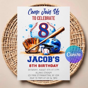 Puede incluir: Invitación de cumpleaños con temática de béisbol con el texto "Come Join Us To Celebrate" y "Jacob's 8th Birthday." El diseño incluye una pelota de béisbol, un bate, un guante y un casco en azul, marrón y blanco. La invitación está sobre un fondo blanco.