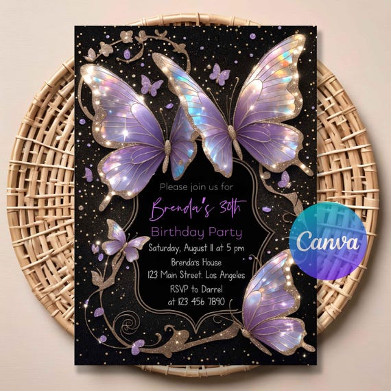 Purple Black Floral Butterfly Birthday Invitation | Editable Elegant Girl Party Invite | Dark Garden Theme | Printable Instant Download