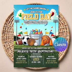 Puede incluir: Una colorida invitación para un día de campo, con equipamiento deportivo como un balón de fútbol americano, un balón de fútbol y baloncesto. La invitación incluye el texto "LET THE GAMES BEGIN! JOIN US FOR FIELD DAY" y "ALEX'S 10TH BIRTHDAY".