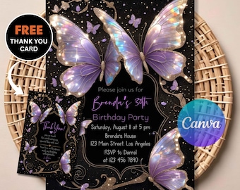 Purple Black Floral Butterfly Birthday Invitation | Editable Elegant Girl Party Invite | Dark Garden Theme | Printable Instant Download