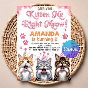 Cute Cats Birthday Invitation for Kids | Editable Digital Download | Printable Kitty Party Invite | Cat Theme Birthday Card | Editable Canva