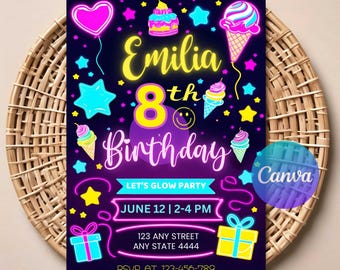 Editable Neon Ice Cream Birthday Invitation, Neon Rainbow Invitation, Neon kids Birthday Invitation, Ice Cream Theme Birthday Invitation.