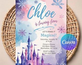 Winter Birthday Invitation, Winter Wonderland Princess Invite, Castle First Birthday Invitation, Snow Princess Party Printable Template
