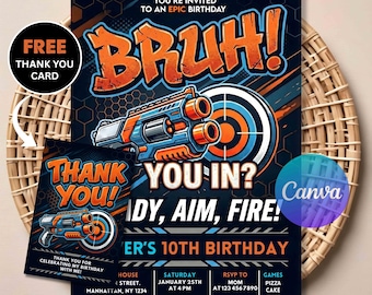 Dart Gun Birthday Invitation – Blaster Fight Party Digital Invite, Any Age Editable Canva Template, Action-Packed Fun, Instant Download.