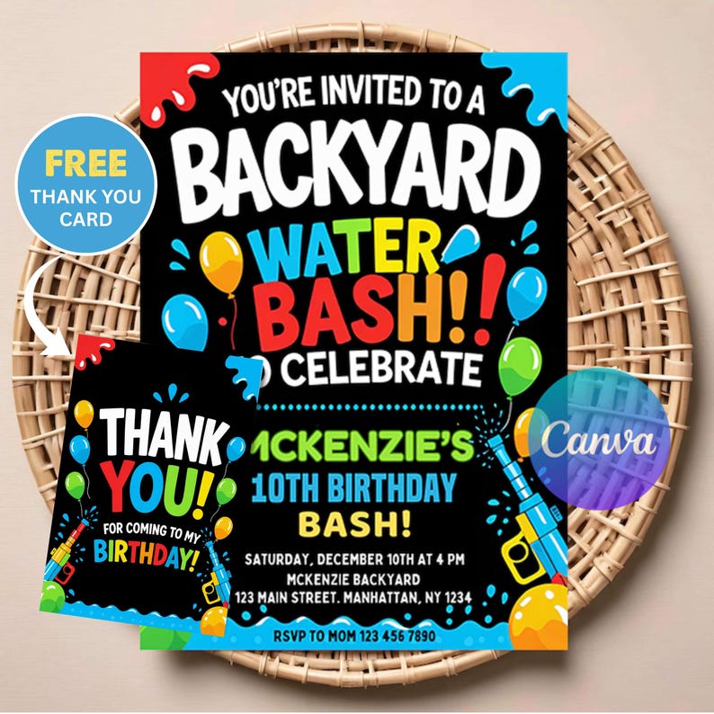 May include: A black invitation and thank you card set for a backyard water bash birthday party. The text reads: You're invited to a backyard water bash to celebrate McKenzie's 10th birthday bash, Saturday, December 10th at 4 PM, Manhattan, NY.
