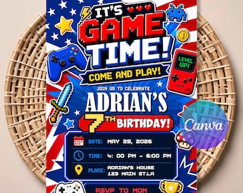 Video Game Birthday Invitation - 4th of July Patriotic American Flag Gamer Party, Red White Blue Editable Canva Template, Instant Download.