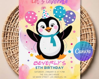 Penguin Birthday Invitation, Cute Winter Party Invite, Arctic Animals Girl Birthday, Baby Shower Penguin Printable Editable Party Template