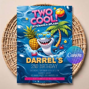 May include: A blue birthday invitation with a cartoon shark wearing sunglasses, a pineapple, and a palm tree. The text reads "TWO COOL!" and "DARREL'S 2ND BIRTHDAY". Includes event details and RSVP information.