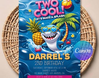 Two Cool Shark 2nd Birthday Pool Party Invitation | Editable Ocean Theme Toddler Invite | Printable Template | Instant Digital Download